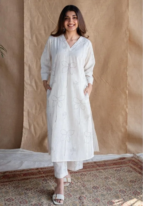 Cream_Cotton_Self_Print_Kurti_and_Plazzo_For_Women