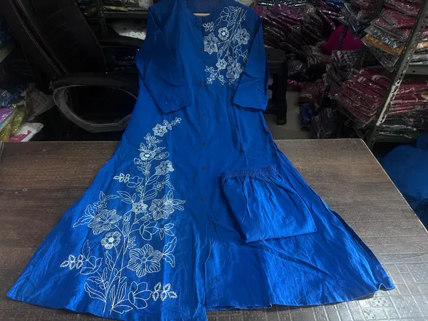 Cobalt_Blue_Cotton_Slub_Embroidered_Kurti_and_Pant_Set_For_Women