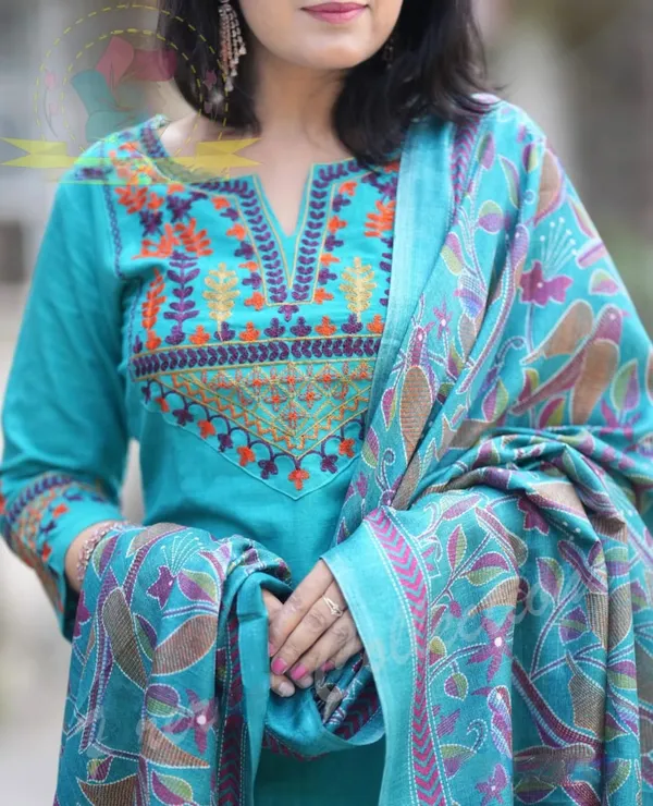 Greenish_blue_Handloom_Cotton_Kurti_and_Pant_PaiWith_Khadi_Silk_Katha_Print_Dupatta_For_Women
