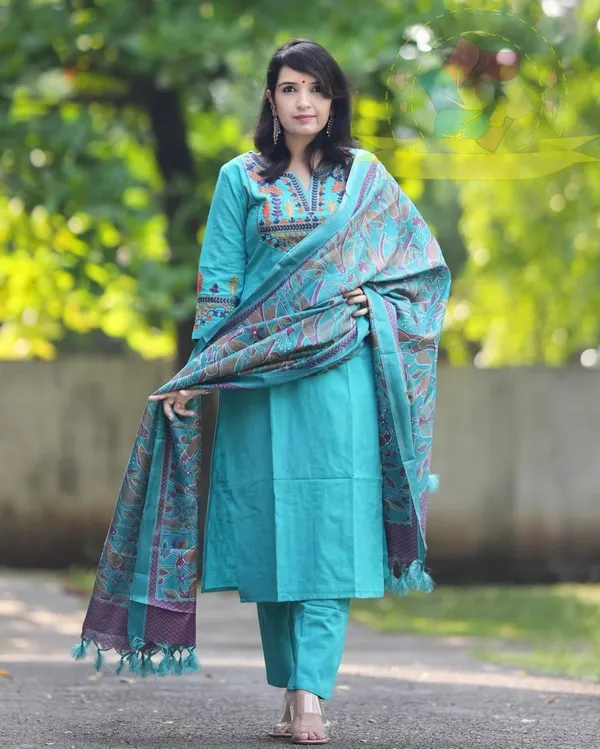 Greenish_blue_Handloom_Cotton_Kurti_and_Pant_PaiWith_Khadi_Silk_Katha_Print_Dupatta_For_Women