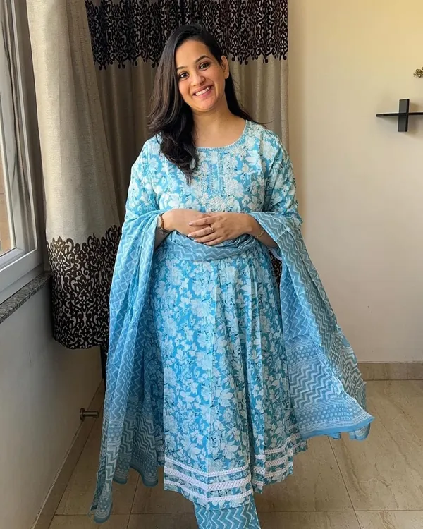 Handblock_Print_Cotton_Anarkali_Kurta_Paired_with_Pant_and_Dupatta