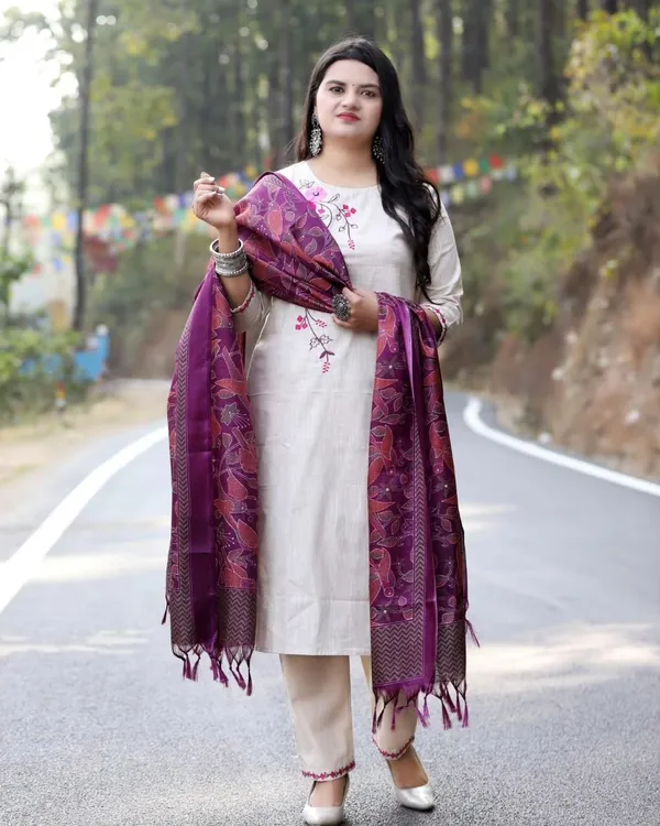 Cream_Handloom_Cotton_Kurta_and_Pant_Pair_With_Art_Silk_Dupatta_For_Women