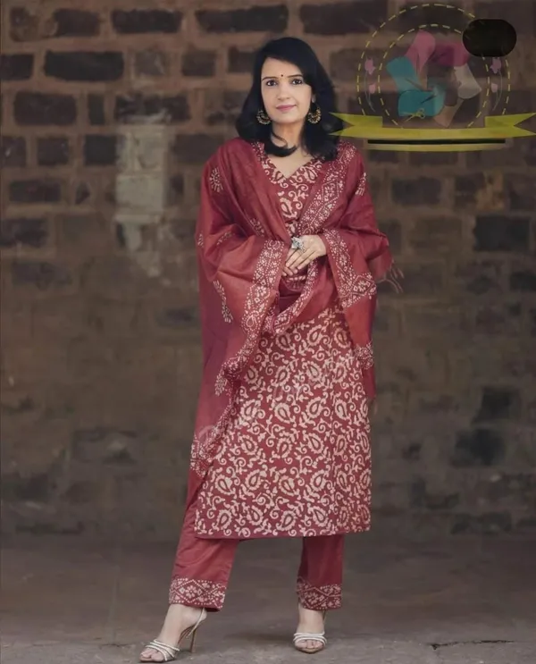 Maroon_Beautiful_Printed_Cotton_Kurti_and_Pant_Pair_With_Mulmul_Dupatta_For_Women