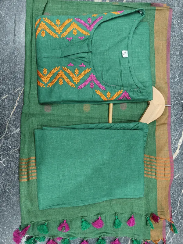 Green_Khadi_Cotton_Kurta_and_Pant_With_Linen_Dupatta_For_Women