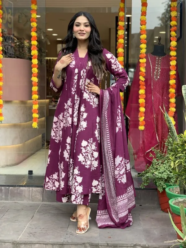 Wine_Printed_Cotton_Anarkali_Kurti_with_Palazzo_and_Mulmul_Dupatta_For_Women