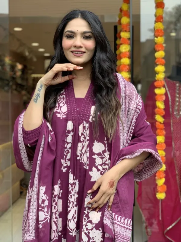 Wine_Printed_Cotton_Anarkali_Kurti_with_Palazzo_and_Mulmul_Dupatta_For_Women