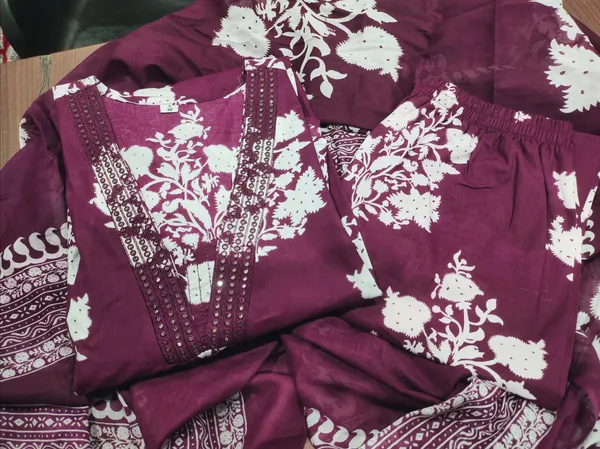 Wine_Printed_Cotton_Anarkali_Kurti_with_Palazzo_and_Mulmul_Dupatta_For_Women