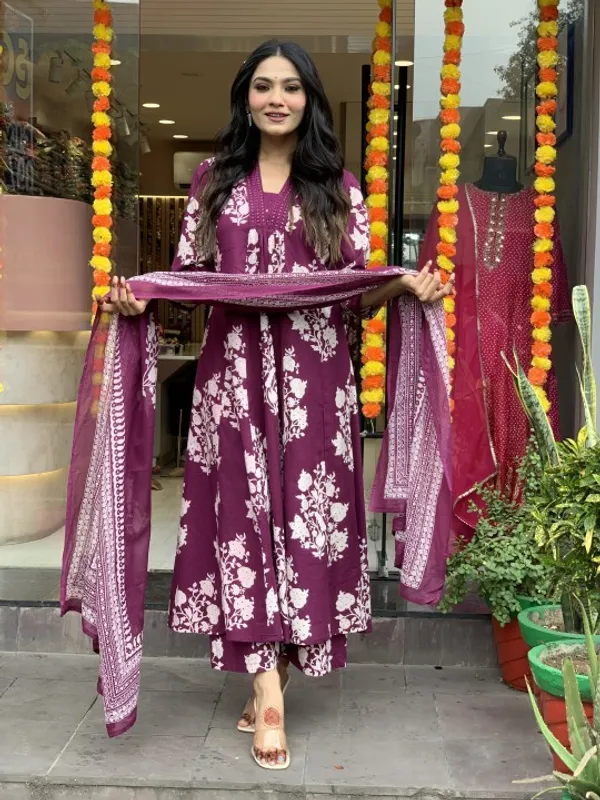 Wine_Printed_Cotton_Anarkali_Kurti_with_Palazzo_and_Mulmul_Dupatta_For_Women