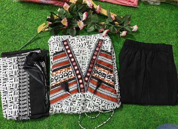 White_and_Black_Pure_Cotton_Kurti_and_Pant_with_Dupatta_Set_For_Women