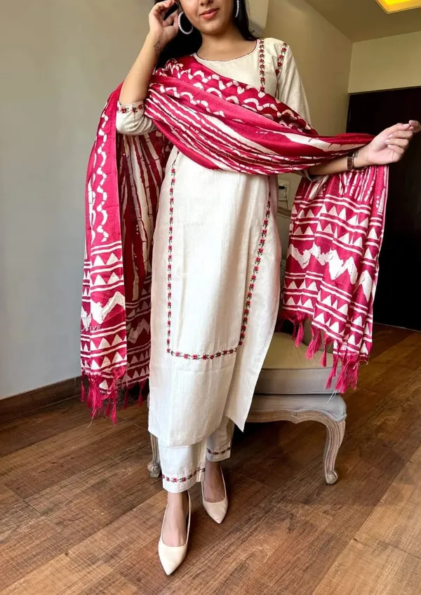 Off-White_with_Red_Dupatta_Handloom_Khadi_Cotton_Embroidered_Kurti_and_Pant_Pair_With_Khadi_Silk_Dupatta_For_Women