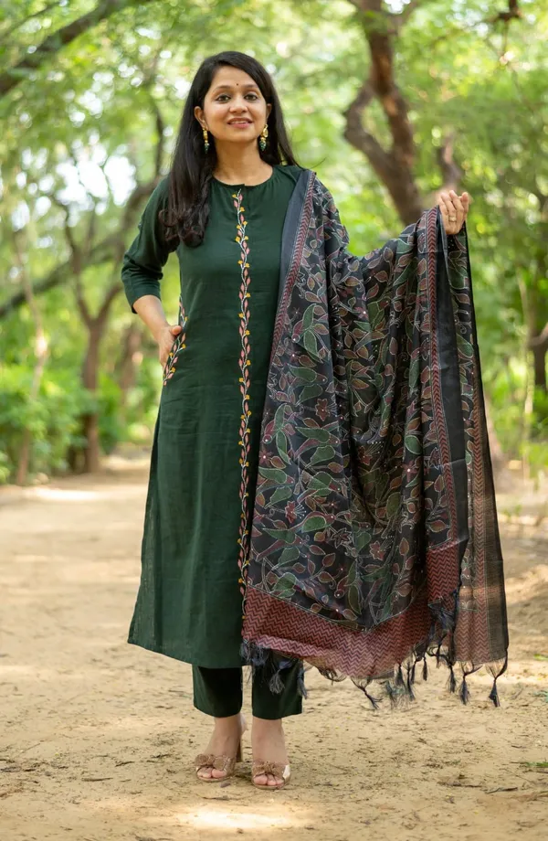 Bottle_Green_Bottle_Green_Cotton_Blend_Kurta_Pant_and_Khadi_Dupatta_Set_for_women_For_Women