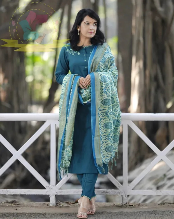 Blue_Khadi_Cotton_Kurti_Pant_and_Dupatta_Set_With_Beautiful_Embroidery_For_Women