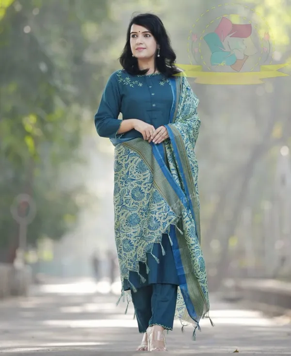 Blue_Khadi_Cotton_Kurti_Pant_and_Dupatta_Set_With_Beautiful_Embroidery_For_Women