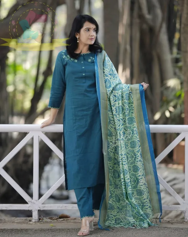 Blue_Khadi_Cotton_Kurti_Pant_and_Dupatta_Set_With_Beautiful_Embroidery_For_Women