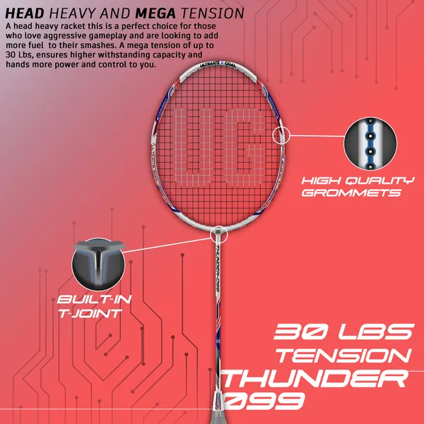 White_&_Red_Premium_Thunder_99_Aluminium_&_Graphite_Badminton_Racket_With_Full_Racket_Cover_For_Intermediate_Players