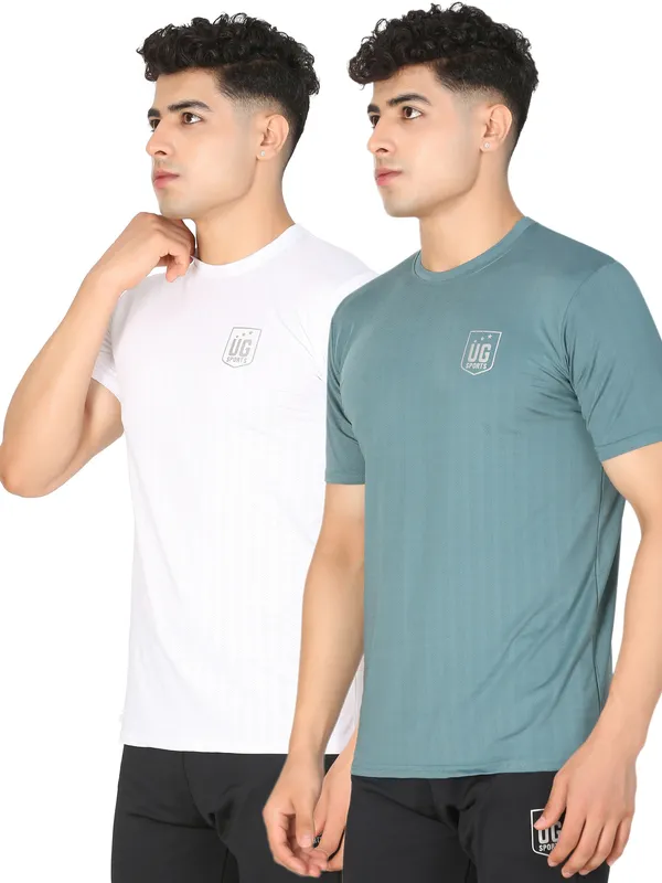 White_&_Green_Lycra_Slim_Fit_Half_Sleeve_Gym_Wear_T-Shirts_For_Men-_Combo_Of_2