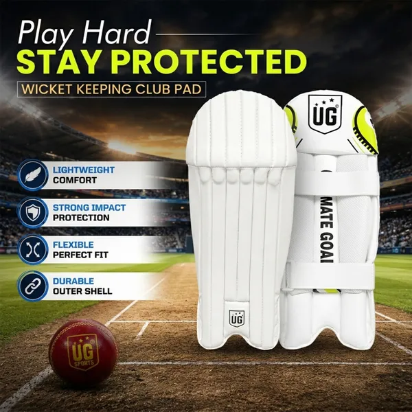 UG_Sports_Club_White_Cricket_Wicket_Keeping_Leg_Guard_Pads_for_Youth_|_Adjustable_Straps_|_Lightweight_High-Density_Foam_Protection_|_Comfortable_Fit__&_Professional_Wicket_Keepers