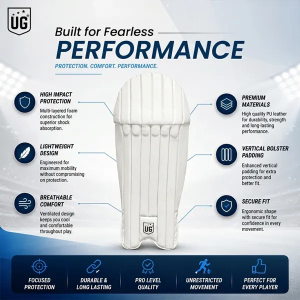 UG_Sports_Club_White_Cricket_Wicket_Keeping_Leg_Guard_Pads_for_Youth_|_Adjustable_Straps_|_Lightweight_High-Density_Foam_Protection_|_Comfortable_Fit__&_Professional_Wicket_Keepers