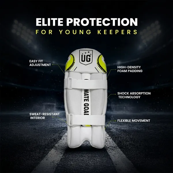 UG_Sports_Club_White_Cricket_Wicket_Keeping_Leg_Guard_Pads_for_Youth_|_Adjustable_Straps_|_Lightweight_High-Density_Foam_Protection_|_Comfortable_Fit__&_Professional_Wicket_Keepers