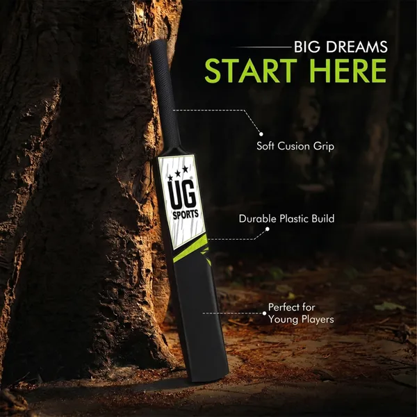 UG_Sports_Plastic_Cricket_Bat_Black_(Full_Size)_–_34-Inch_Lightweight_Fiber-Infused_Hard_Plastic_Bat_with_Anti-Slip_Pro_Grip_|_Ideal_for_Age_14+_Years_&_Soft_Tennis_Ball_Cricket_(Green_Sticker)