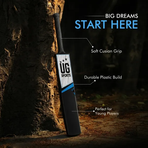 UG_Sports_Plastic_Cricket_Bat_Black_(Size_4)_–_30-Inch_Lightweight_Fiber-Infused_Hard_Plastic_Bat_with_Anti-Slip_Pro_Grip_|_Ideal_for_Age_8-9_Years_&_Soft_Tennis_Ball_Cricket_(Blue_Sticker)