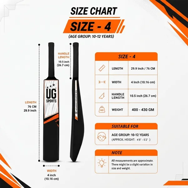 UG_Sports_Plastic_Cricket_Bat_Black_(Size_4)_–_30-Inch_Lightweight_Fiber-Infused_Hard_Plastic_Bat_with_Anti-Slip_Pro_Grip_|_Ideal_for_Age_8-9_Years_&_Soft_Tennis_Ball_Cricket_(Orange_Sticker)