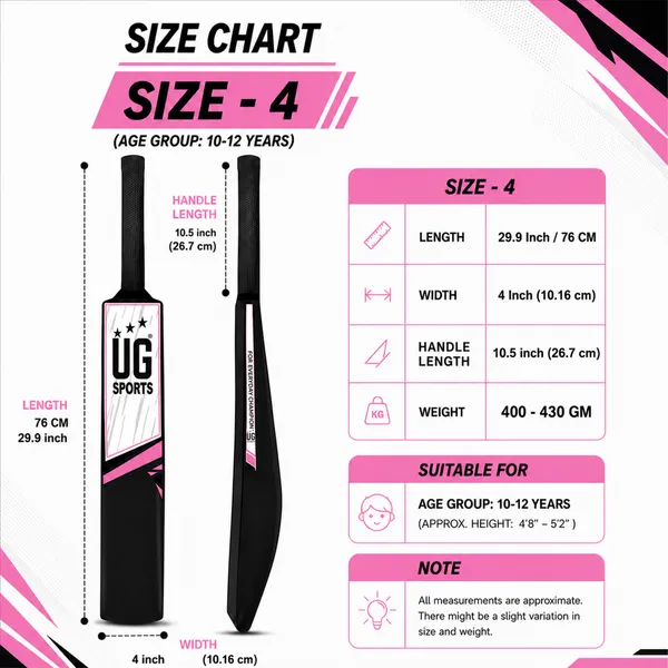 UG_Sports_Plastic_Cricket_Bat_Black_(Size_4)_–_30-Inch_Lightweight_Fiber-Infused_Hard_Plastic_Bat_with_Anti-Slip_Pro_Grip_|_Ideal_for_Age_8-9_Years_&_Soft_Tennis_Ball_Cricket_(Pink_Sticker)