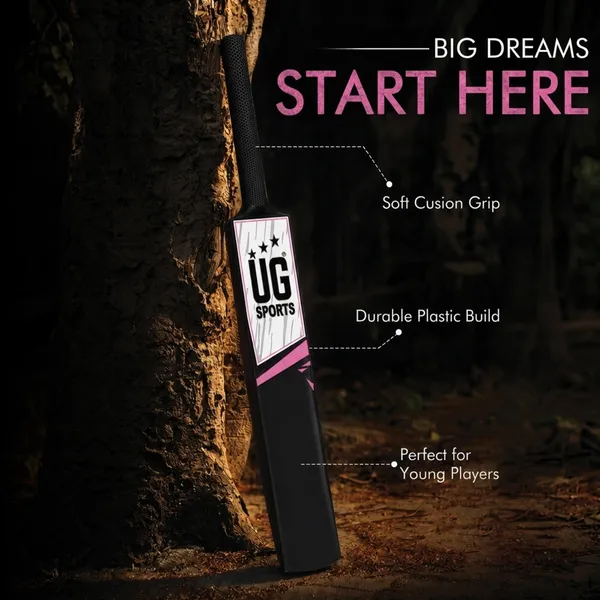 UG_Sports_Plastic_Cricket_Bat_Black_(Size_5)_–_31-Inch_Lightweight_Fiber-Infused_Hard_Plastic_Bat_with_Anti-Slip_Pro_Grip_|_Ideal_for_Age_9-10_Years_&_Soft_Tennis_Ball_Cricket_(Pink_Sticker)