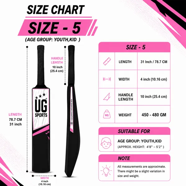 UG_Sports_Plastic_Cricket_Bat_Black_(Size_5)_–_31-Inch_Lightweight_Fiber-Infused_Hard_Plastic_Bat_with_Anti-Slip_Pro_Grip_|_Ideal_for_Age_9-10_Years_&_Soft_Tennis_Ball_Cricket_(Pink_Sticker)