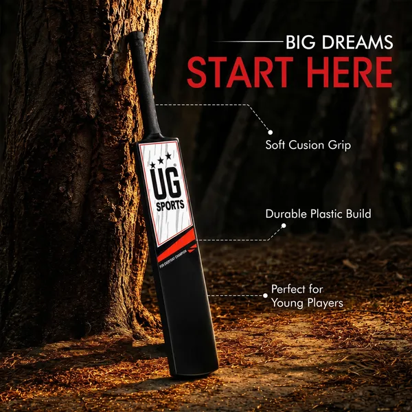 UG_Sports_Plastic_Cricket_Bat_Black_(Size_5)_–_31-Inch_Lightweight_Fiber-Infused_Hard_Plastic_Bat_with_Anti-Slip_Pro_Grip_|_Ideal_for_Age_9-10_Years_&_Soft_Tennis_Ball_Cricket_(Red_Sticker)