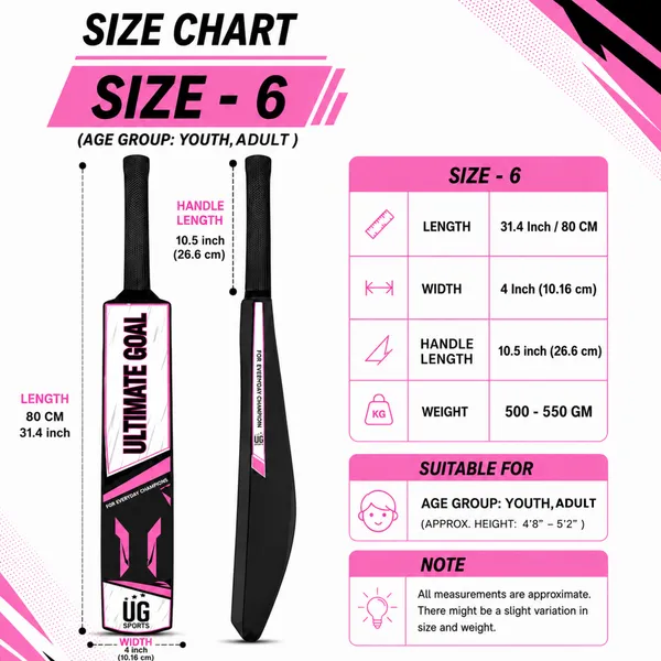 UG_Sports_Plastic_Cricket_Bat_Black_(Size_6)_–_32-Inch_Lightweight_Fiber-Infused_Hard_Plastic_Bat_with_Anti-Slip_Pro_Grip_|_Ideal_for_Age_10-12_Years_&_Soft_Tennis_Ball_Cricket_(Pink_Sticker)