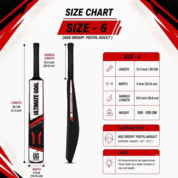UG_Sports_Plastic_Cricket_Bat_Black_(Size_6)_–_32-Inch_Lightweight_Fiber-Infused_Hard_Plastic_Bat_with_Anti-Slip_Pro_Grip_|_Ideal_for_Age_10-12_Years_&_Soft_Tennis_Ball_Cricket_(Red_Sticker)