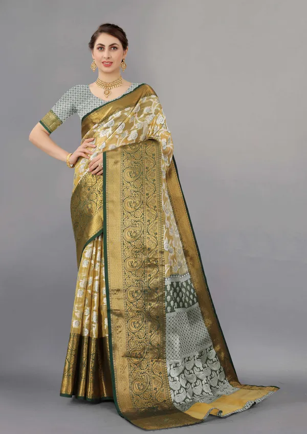 Grey_And_Bottle_Green_Weaving_Organza_Saree_Unstiched_Blouse