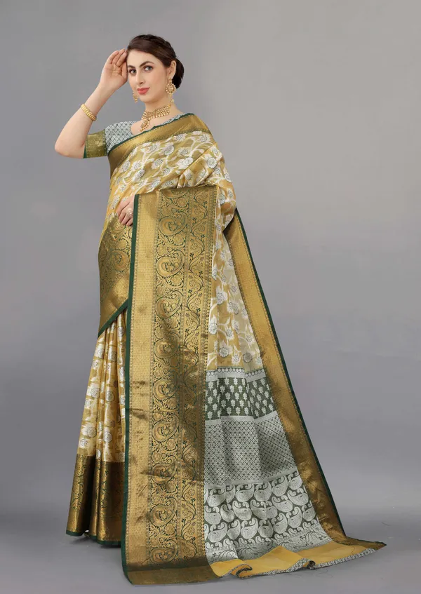 Grey_And_Bottle_Green_Weaving_Organza_Saree_Unstiched_Blouse