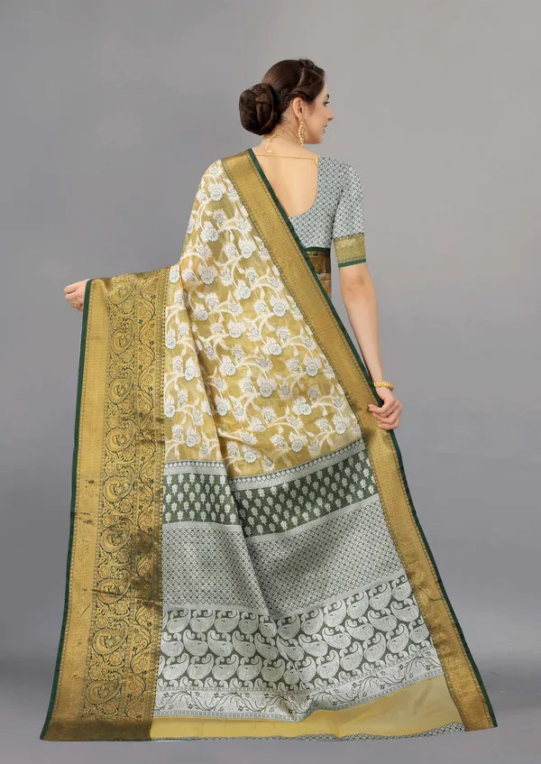 Grey_And_Bottle_Green_Weaving_Organza_Saree_Unstiched_Blouse