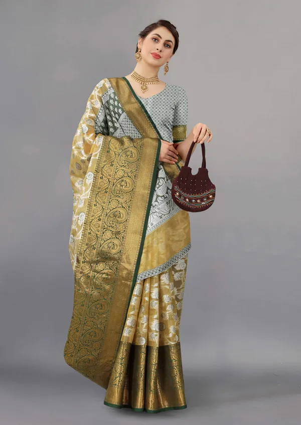 Grey_And_Bottle_Green_Weaving_Organza_Saree_Unstiched_Blouse