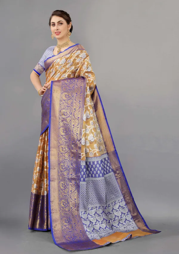 Orange_And_Blue_Weaving_Beautiful_Organza_Saree_Unstiched_Blouse