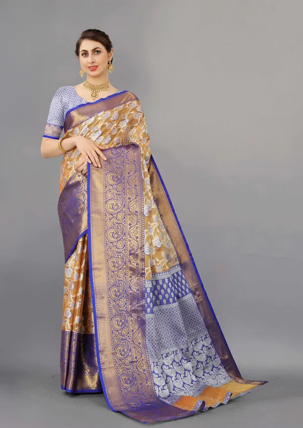 Orange_And_Blue_Weaving_Beautiful_Organza_Saree_Unstiched_Blouse