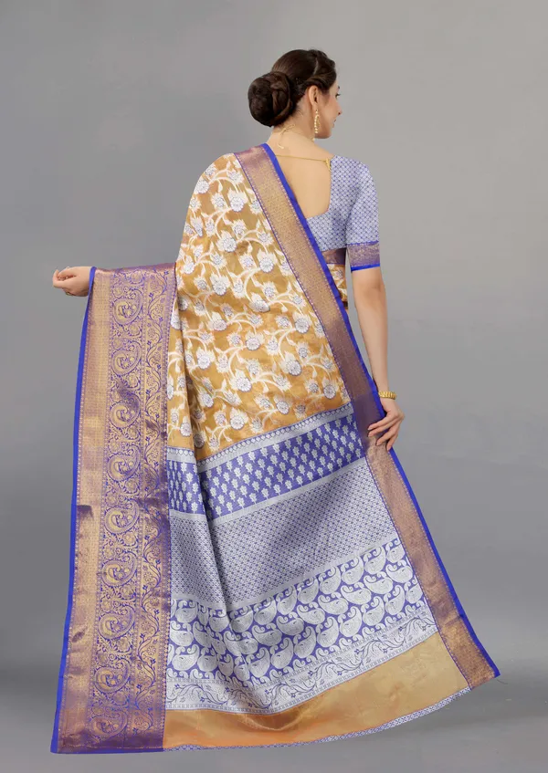 Orange_And_Blue_Weaving_Beautiful_Organza_Saree_Unstiched_Blouse