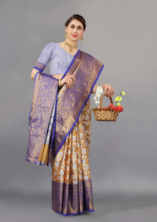 Orange_And_Blue_Weaving_Beautiful_Organza_Saree_Unstiched_Blouse