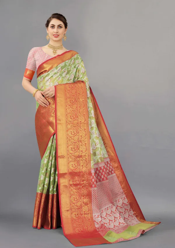 Pista_And_Red_Border_Weaving_Beautiful_Organza_Saree_Unstiched_Blouse