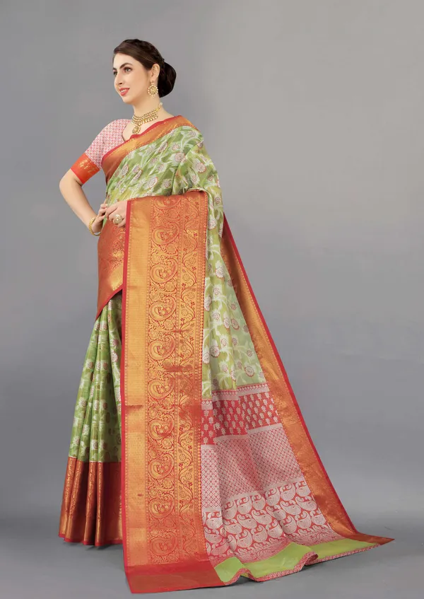 Pista_And_Red_Border_Weaving_Beautiful_Organza_Saree_Unstiched_Blouse