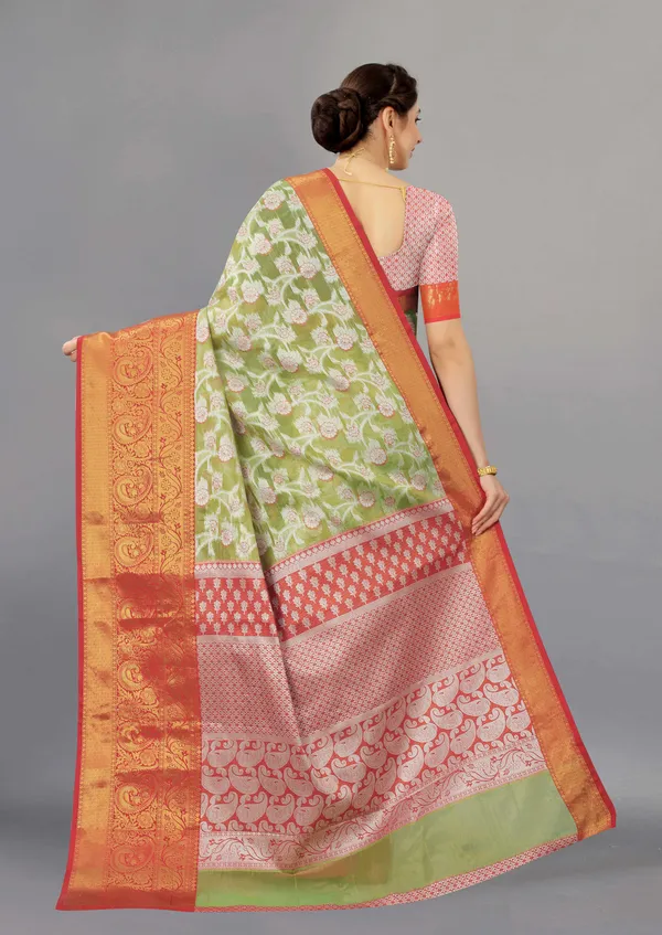 Pista_And_Red_Border_Weaving_Beautiful_Organza_Saree_Unstiched_Blouse