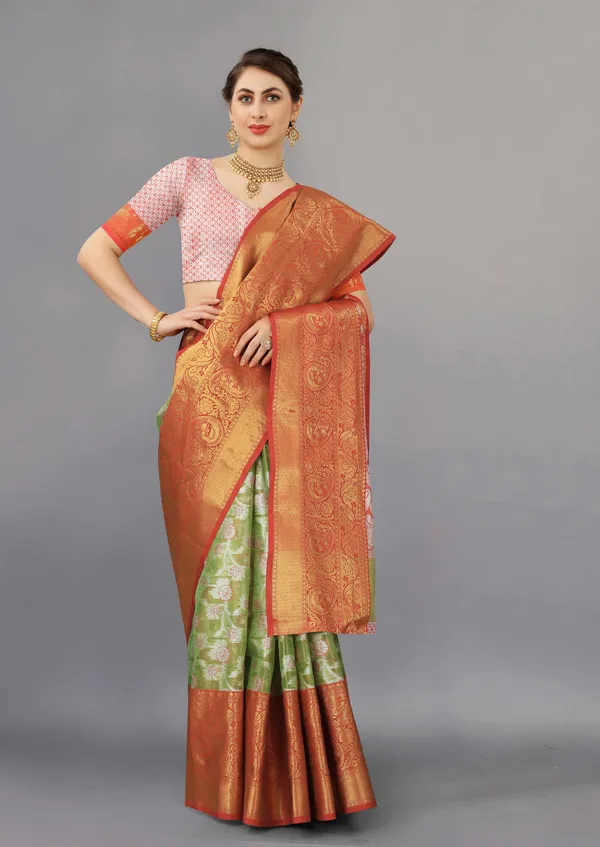 Pista_And_Red_Border_Weaving_Beautiful_Organza_Saree_Unstiched_Blouse
