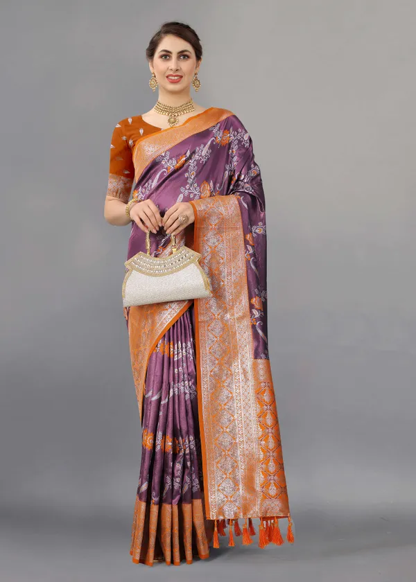 Orange_Weaving_Beautiful_Kanjivaram_Saree_Unstiched_Blouse
