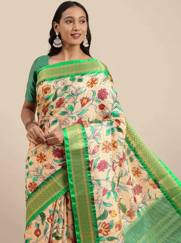 Green_Border_Weaving_And_Checks_Printed_Saree_Beautiful_Unstiched_Blouse