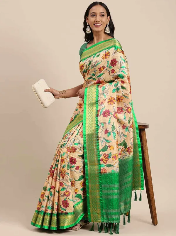 Green_Border_Weaving_And_Checks_Printed_Saree_Beautiful_Unstiched_Blouse