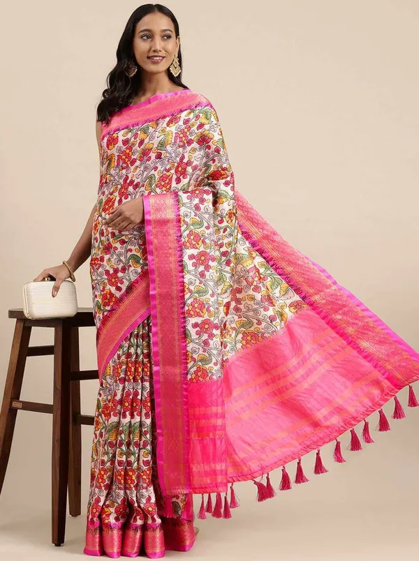 Pink_Border_Weaving_And_Checks_Printed_Saree_Beautiful_Unstiched_Blouse