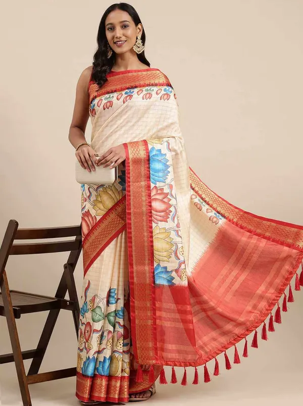 Red_Border_Weaving_And_Checks_Printed_Saree_Beautiful_Unstiched_Blouse