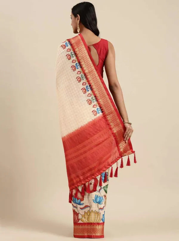Red_Border_Weaving_And_Checks_Printed_Saree_Beautiful_Unstiched_Blouse